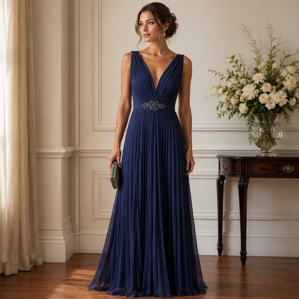 Cache Navy Blue Pleated Maxi Gown Dress V-Neck Beaded Empire Waist 2 Grecian USA